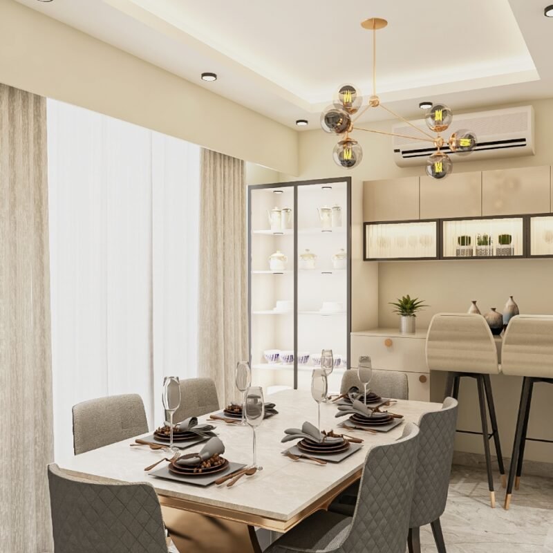 Contemporary Dining Room Design with Upholstered Chairs and Gold Accents