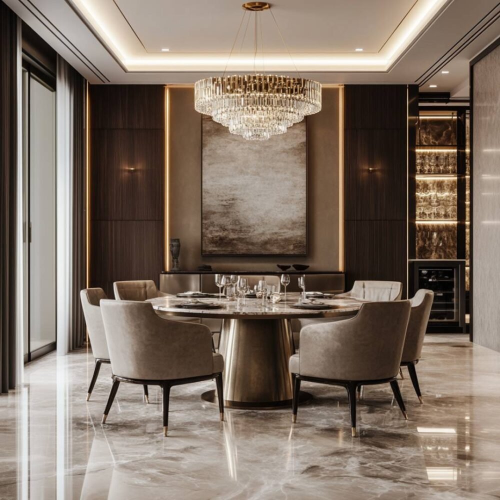 Modern Dining Room Design with Round Table and Beige Upholstered Chairs