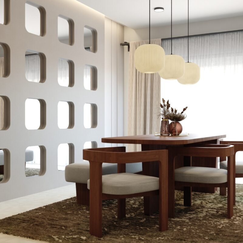 Contemporary Dining Room Design with Partition and Wooden Furniture