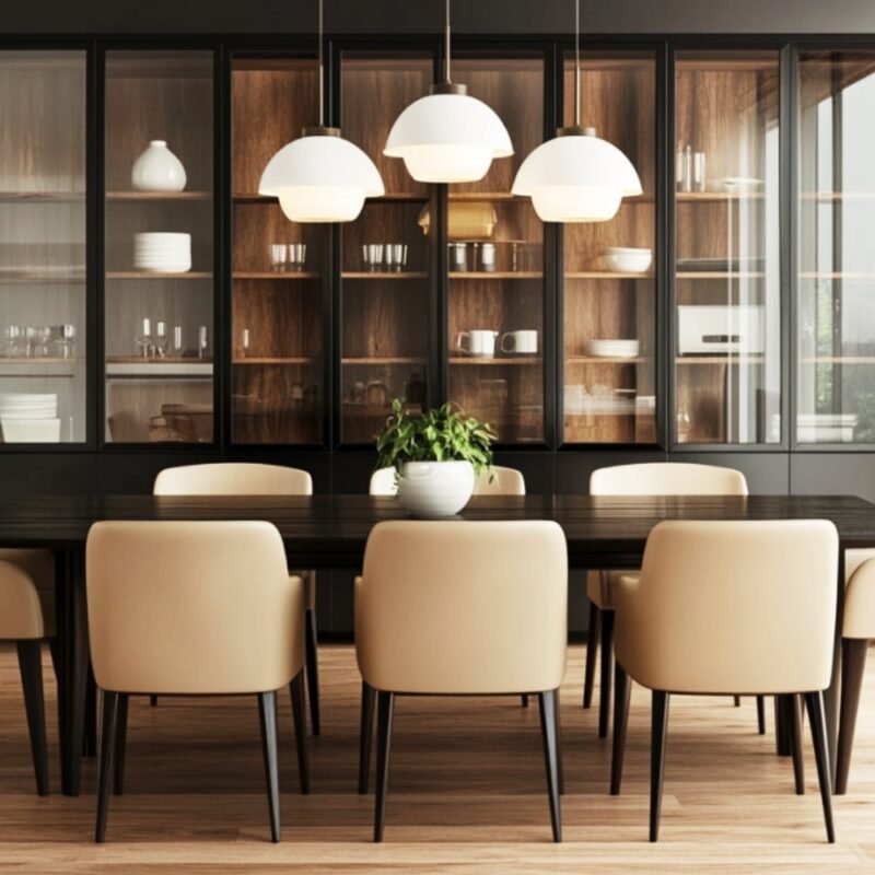 Modern Dining Room Design with Dark Wood Table and Beige Chairs