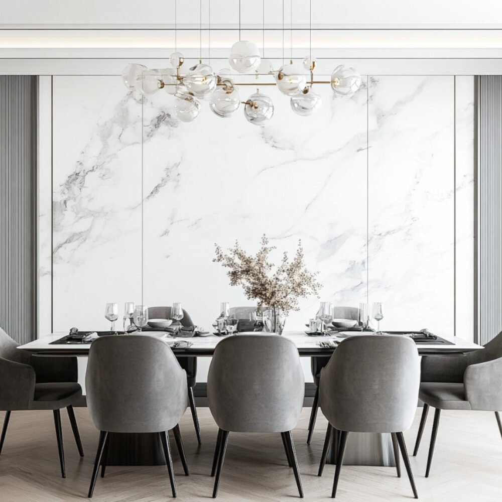 Contemporary Dining Room Design with Marble Table and Accent Wall