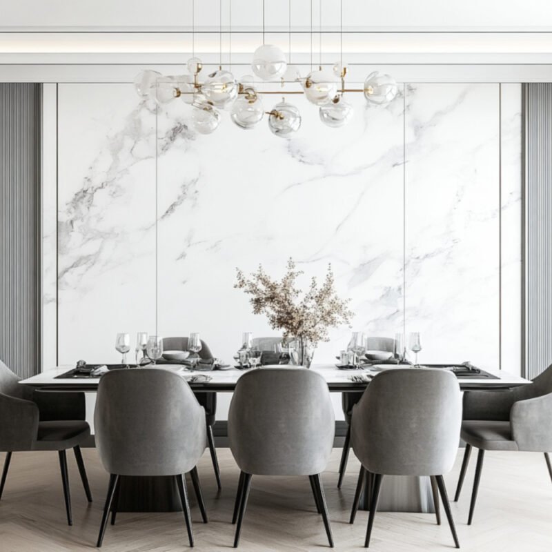 Contemporary Dining Room Design with Marble Table and Accent Wall