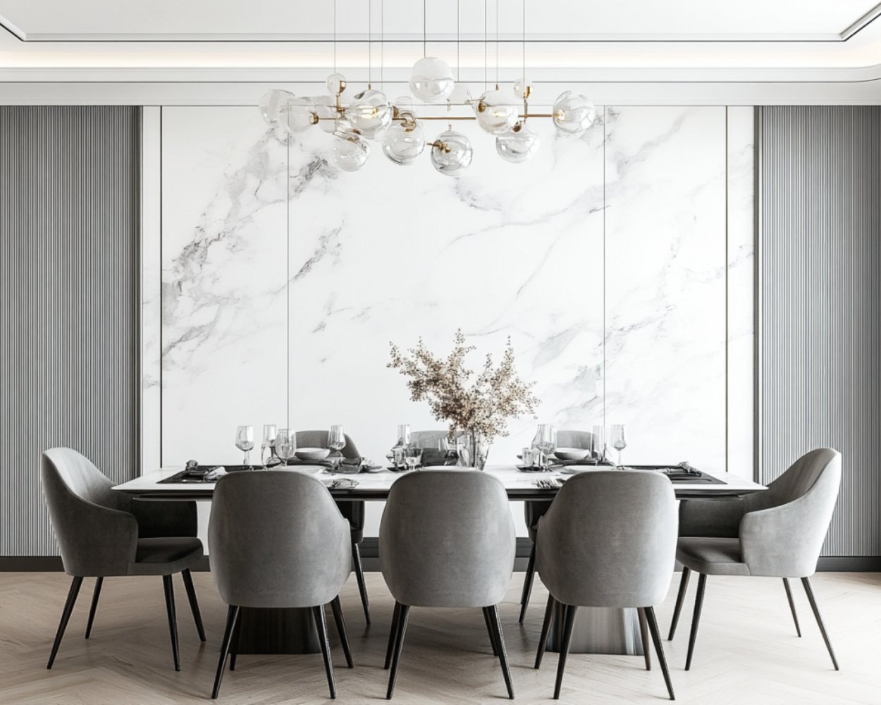 Contemporary Dining Room Design with Marble Table and Accent Wall
