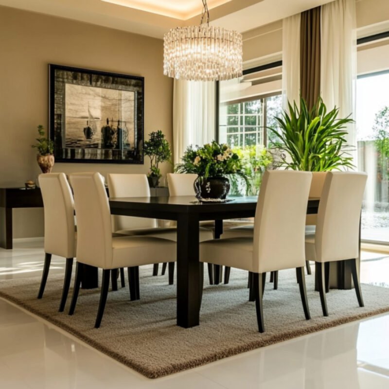 Transitional Dining Room Design with Dark Wood Table and Cream Chairs