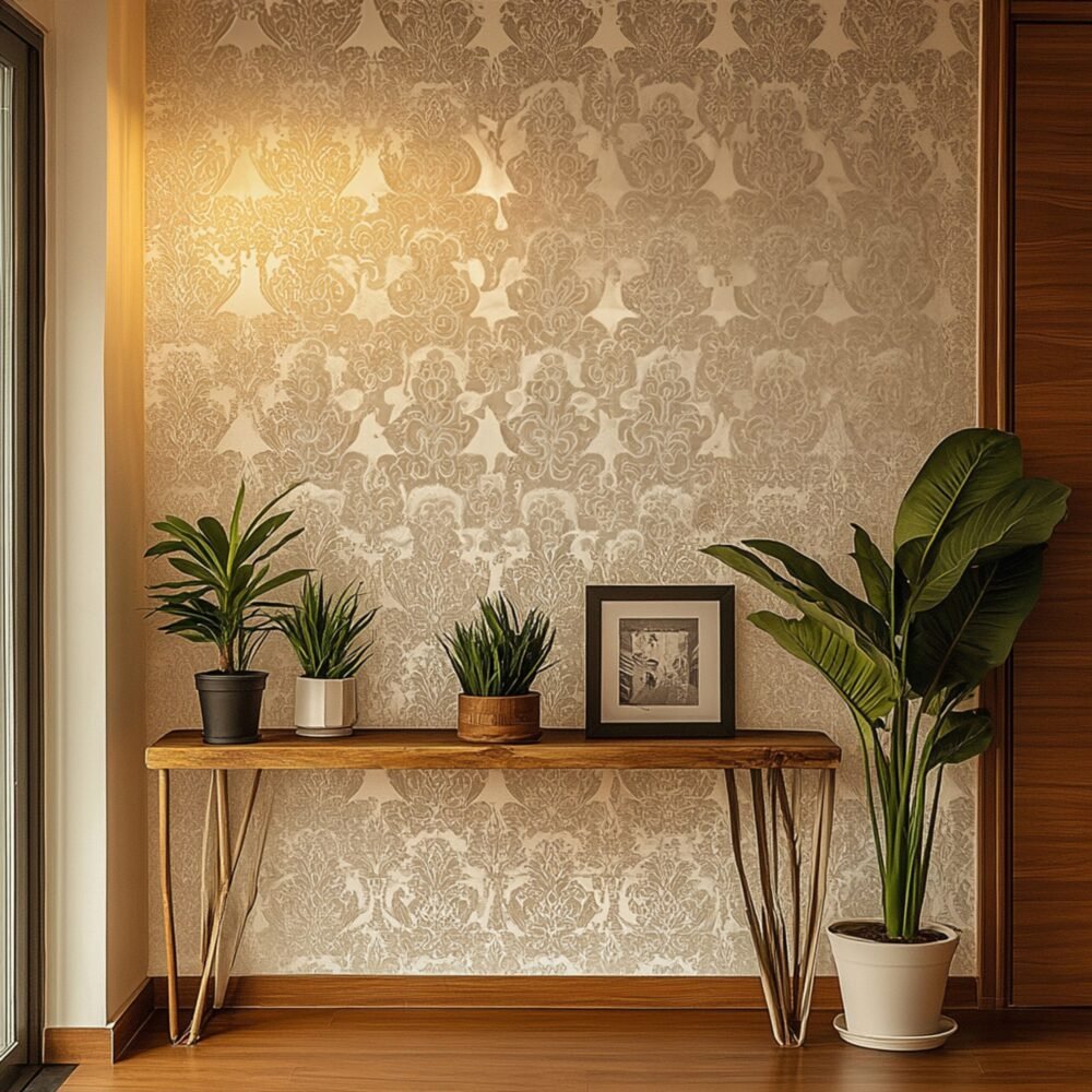 Indian Traditional Foyer Design with Console Table and Patterned Wallpaper