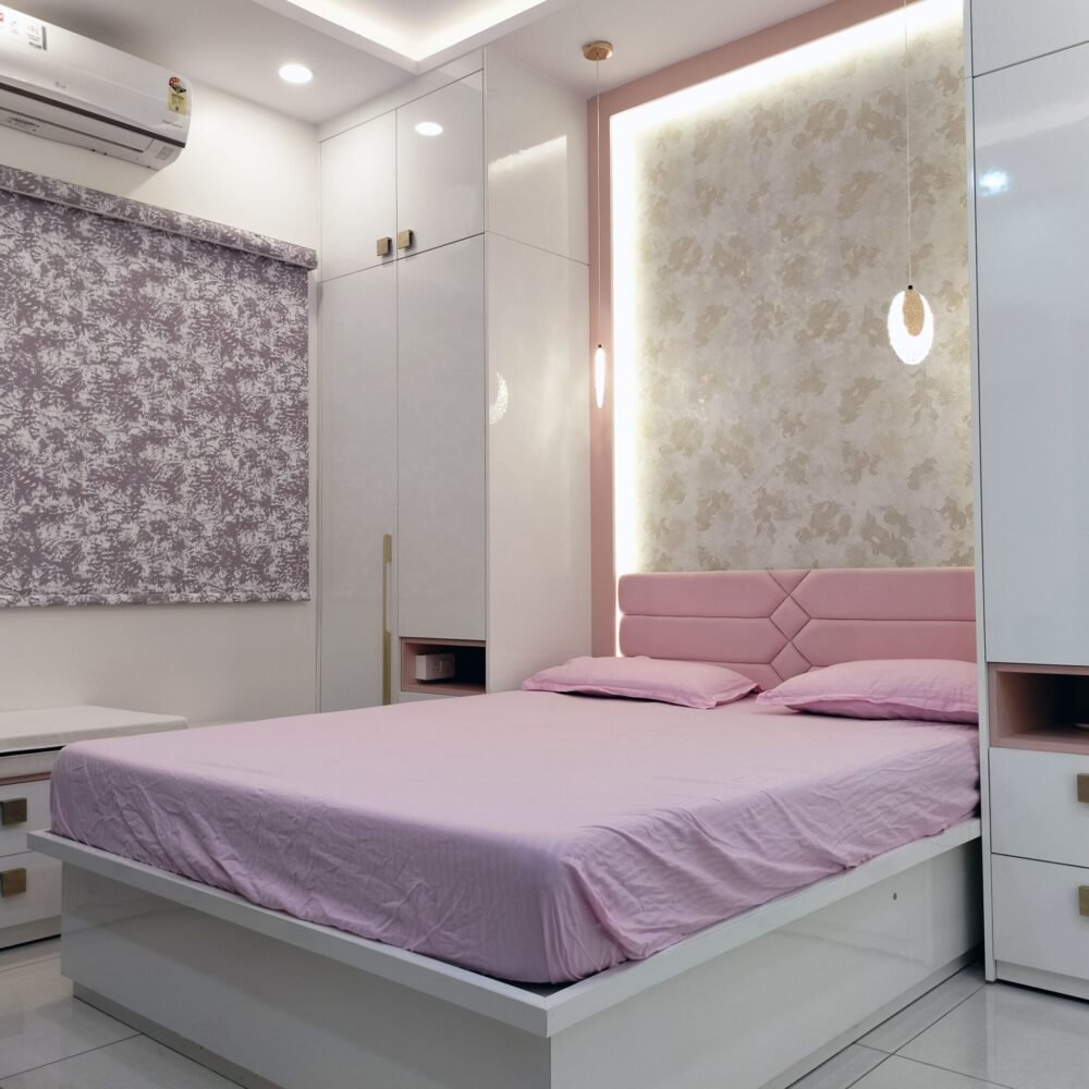 Contemporary Kids Bedroom Design with Queen Bed and Study Table