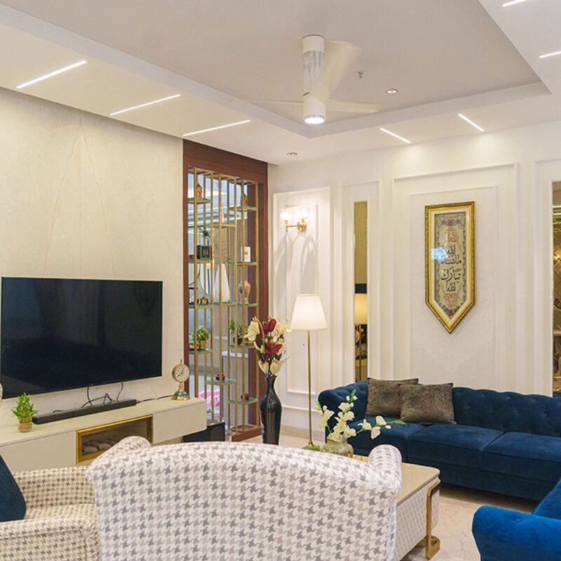 Contemporary Double Layer False Ceiling Design with LED Strip and Spotlights