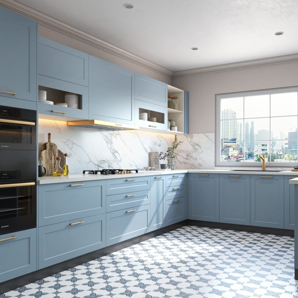 Classic Blue and White Geometric Kitchen Flooring Design