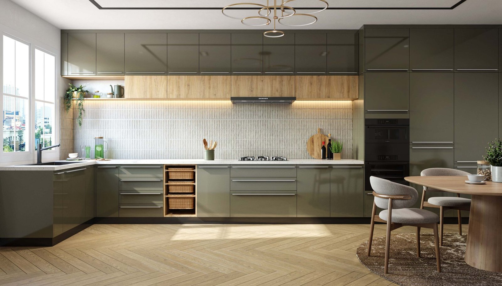 Modern Light Wood-Look Herringbone Rectangular Planks Flooring Design