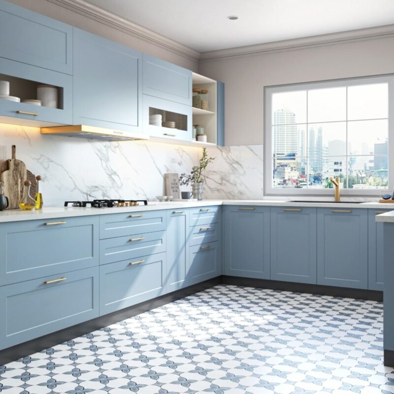 Blue and White Patterned Flooring Design for a Contemporary Look