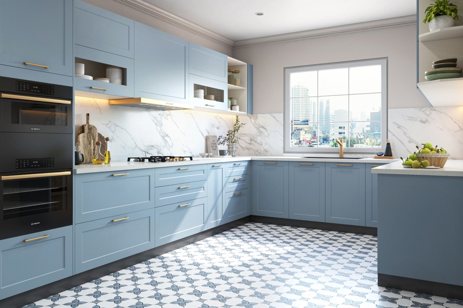 Blue and White Patterned Flooring Design for a Contemporary Look