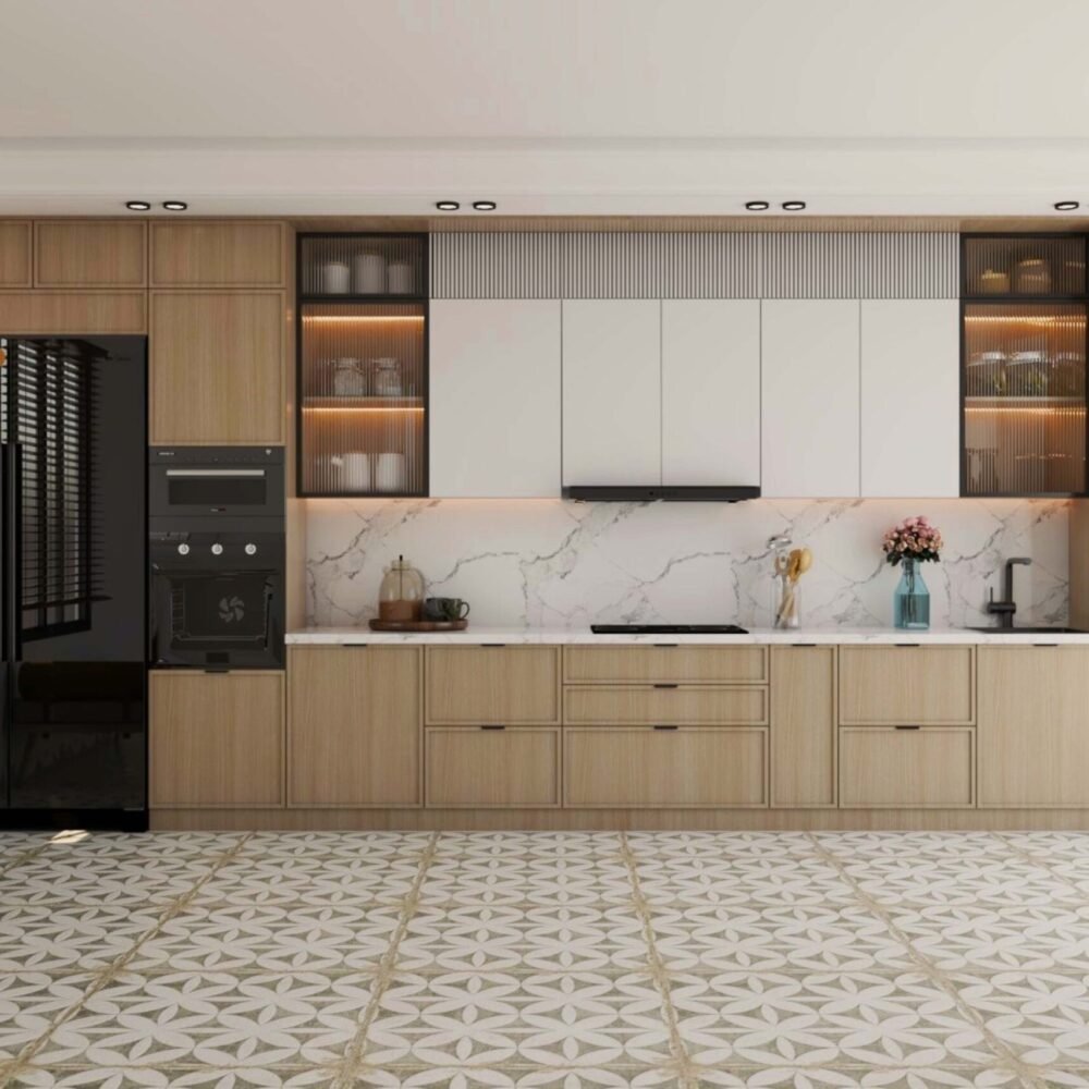 Classic Square White And Brown Kitchen Flooring Design