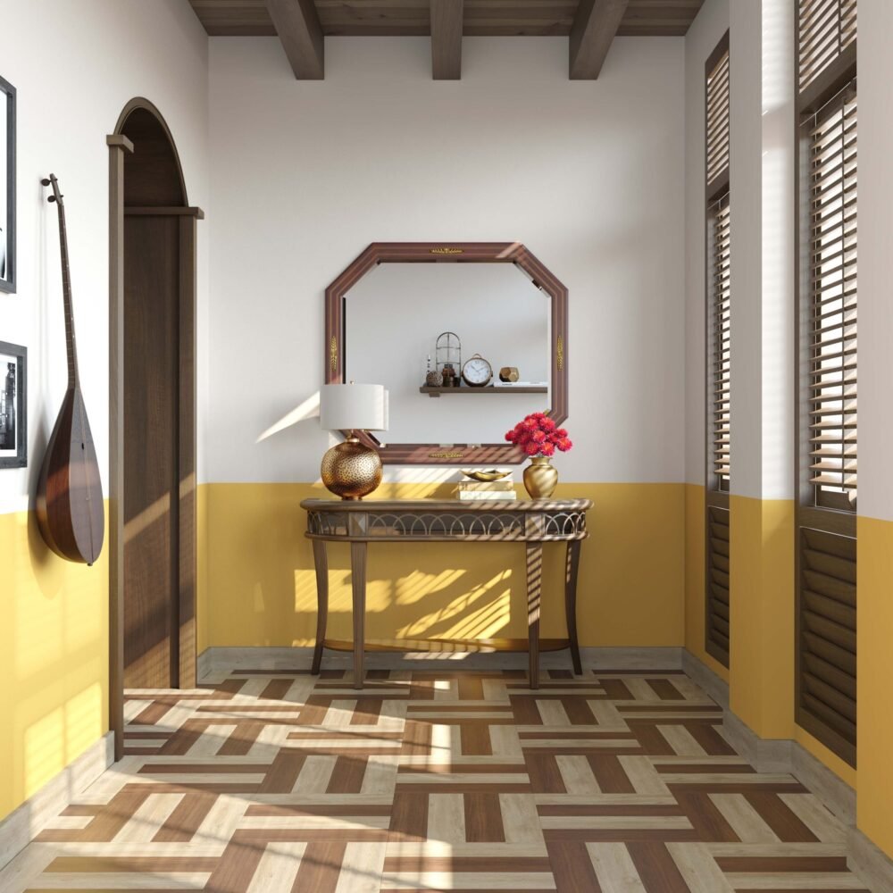 Farmhouse Flooring Design With Brown Square Floor Tiles