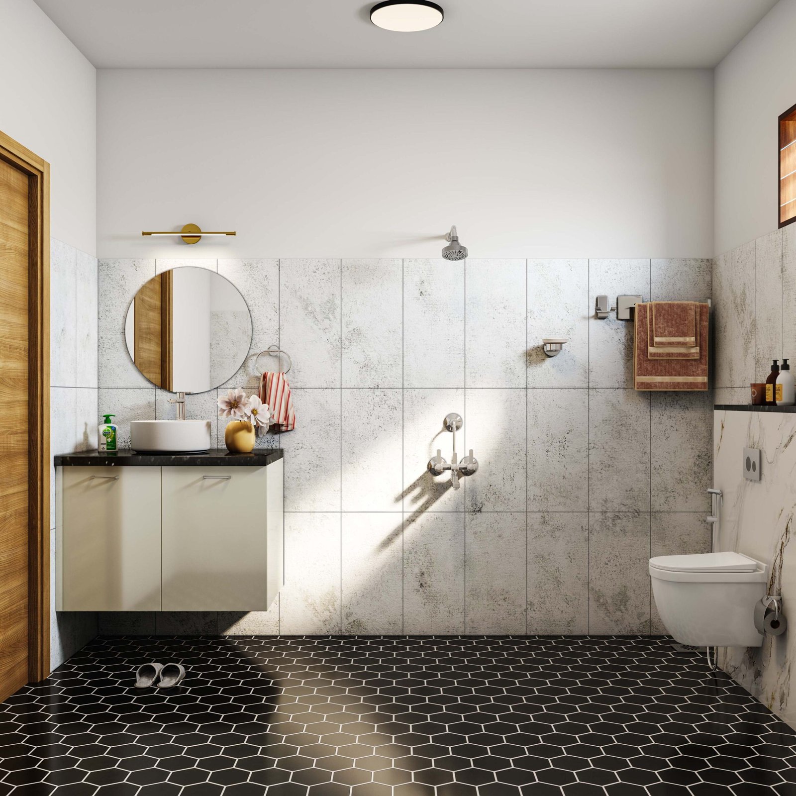 Contemporary Black Hexagonal Flooring Design with Glossy Finish