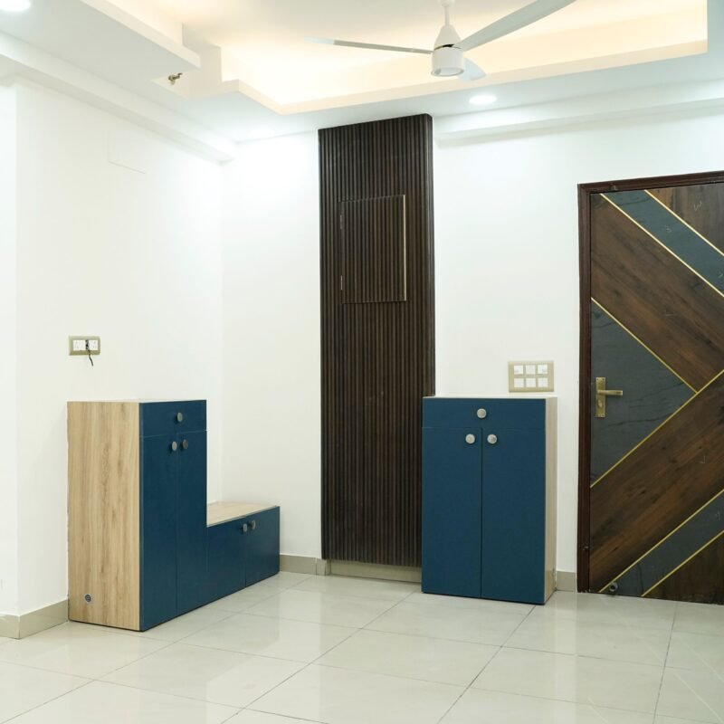 Modern Foyer Design with Storage Bench and Laminate Cabinets