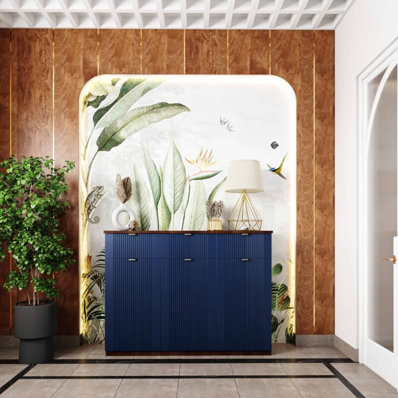 Tropical Foyer Design with Botanical Mural and Storage Cabinet