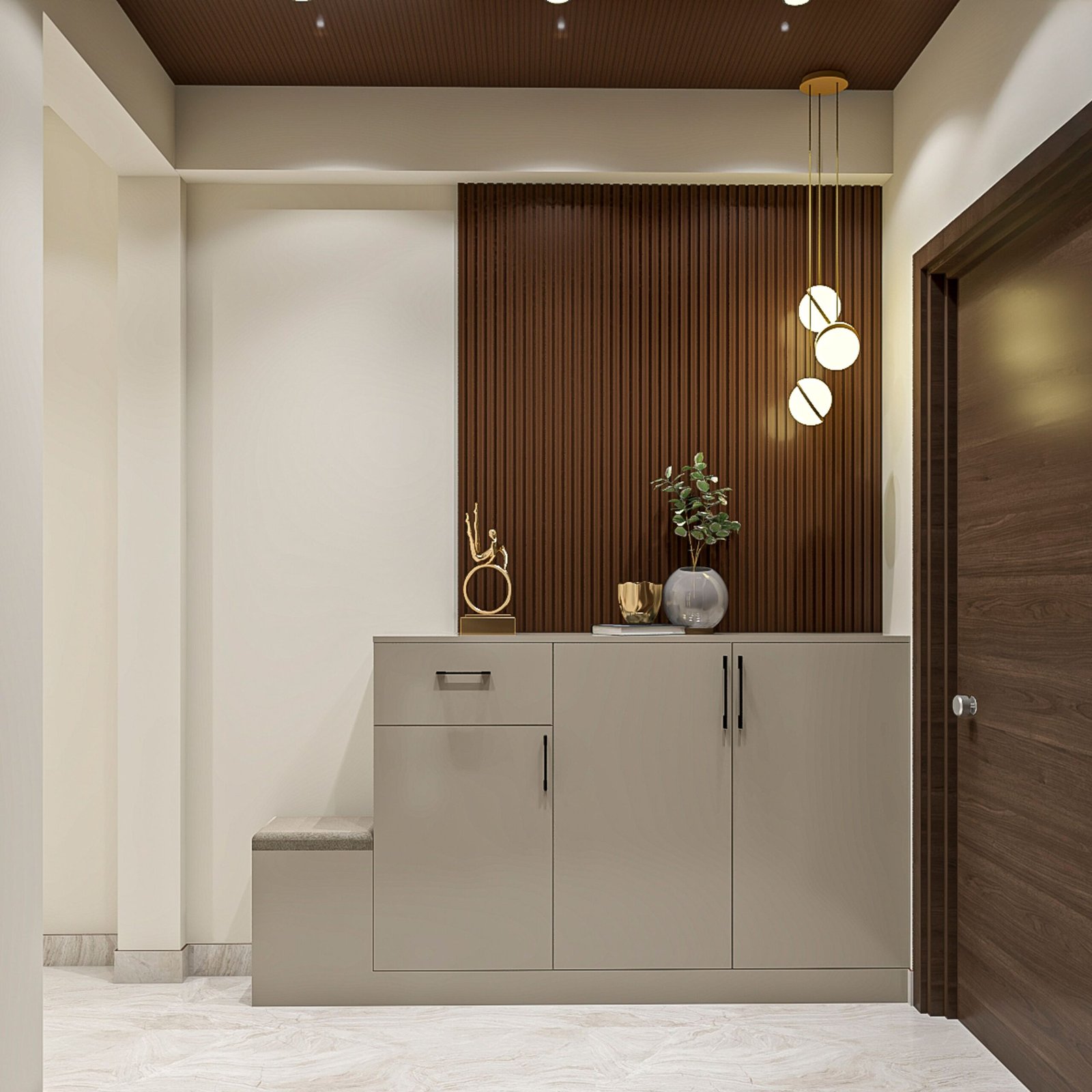 Modern Foyer Design with Pumic Grey Storage and Seating