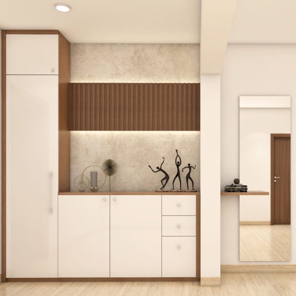 Modern Foyer Design with Tall Storage, Long Mirror, and LED Lighting