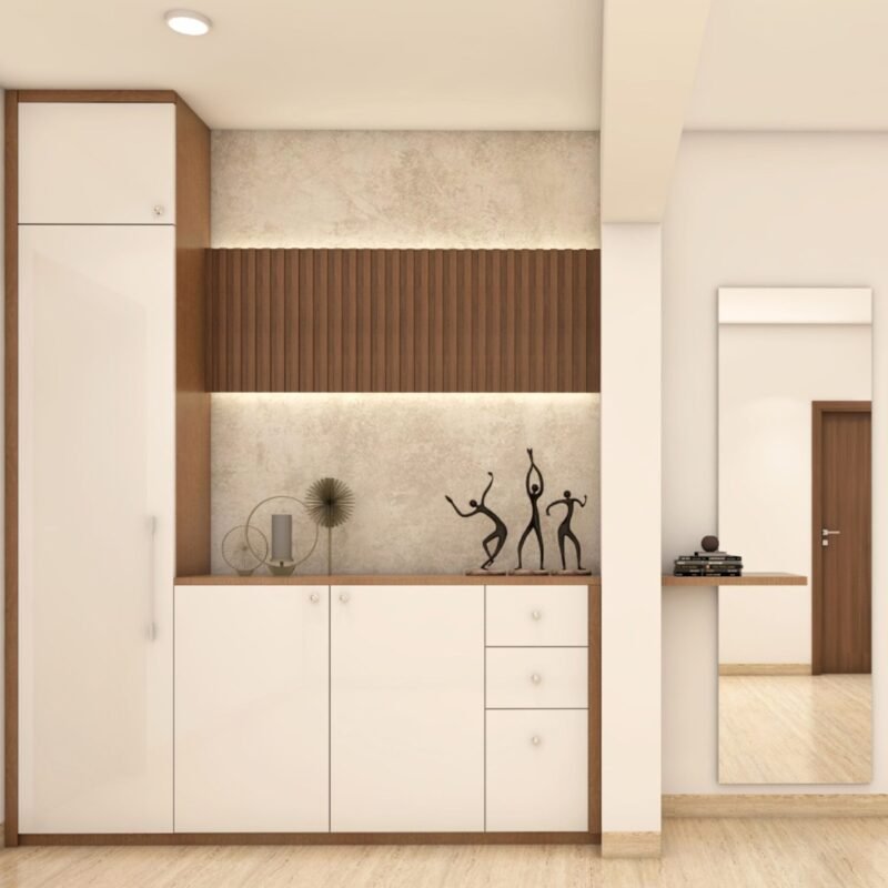 Modern Foyer Design with Tall Storage, Long Mirror, and LED Lighting