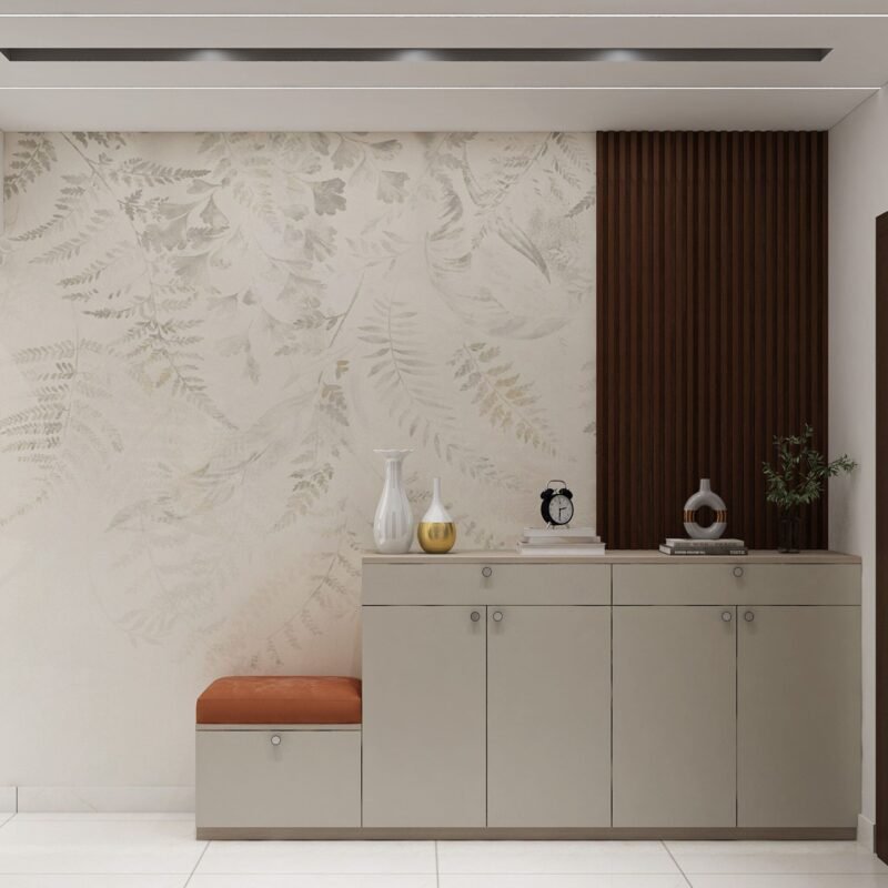 Modern Foyer Design with Pumic Grey Storage and Seating