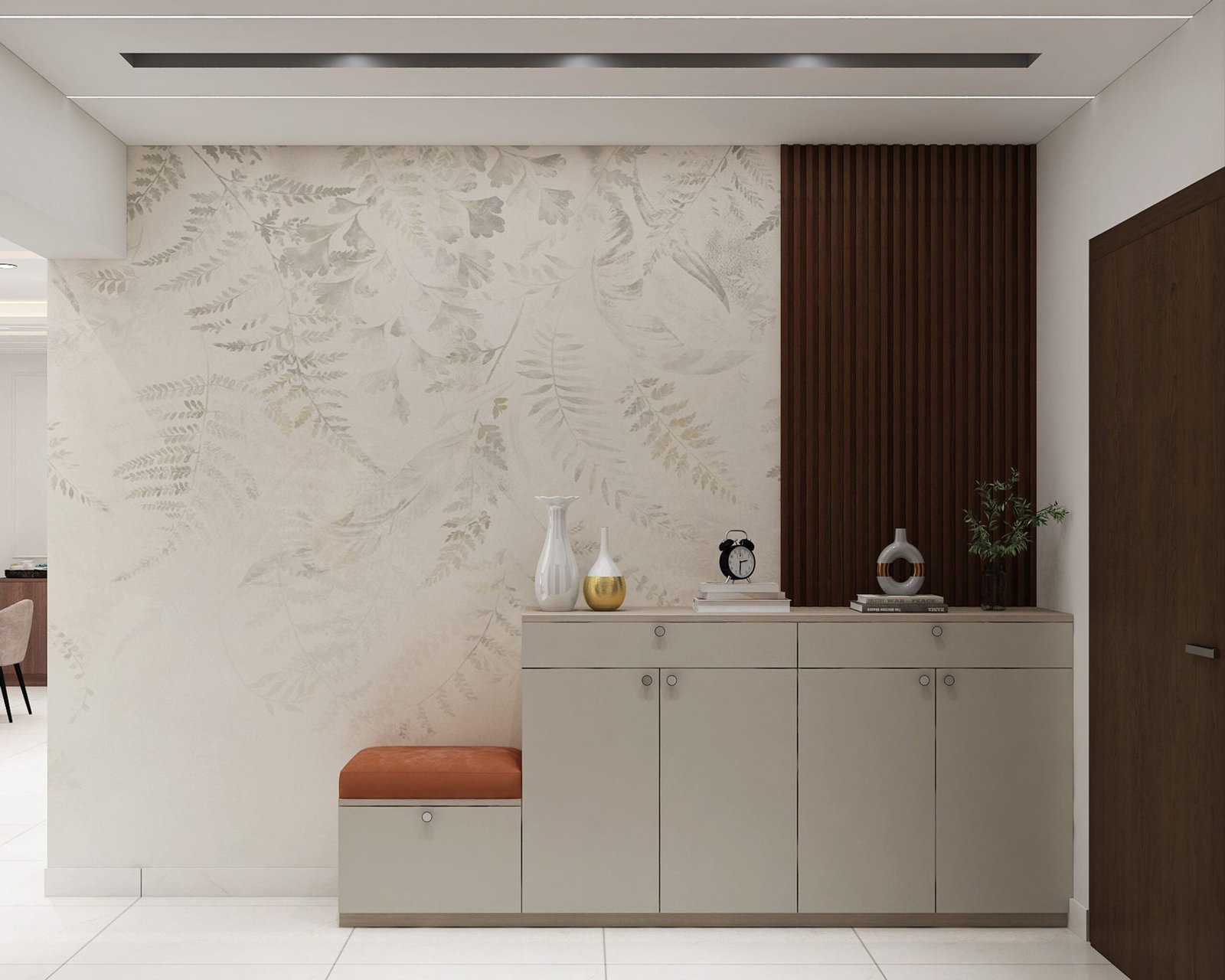 Modern Foyer Design with Pumic Grey Storage and Seating