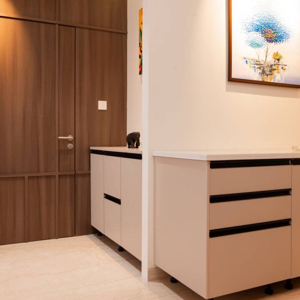 Modern Foyer Design with Pumic Grey and Suede Laminate Finish