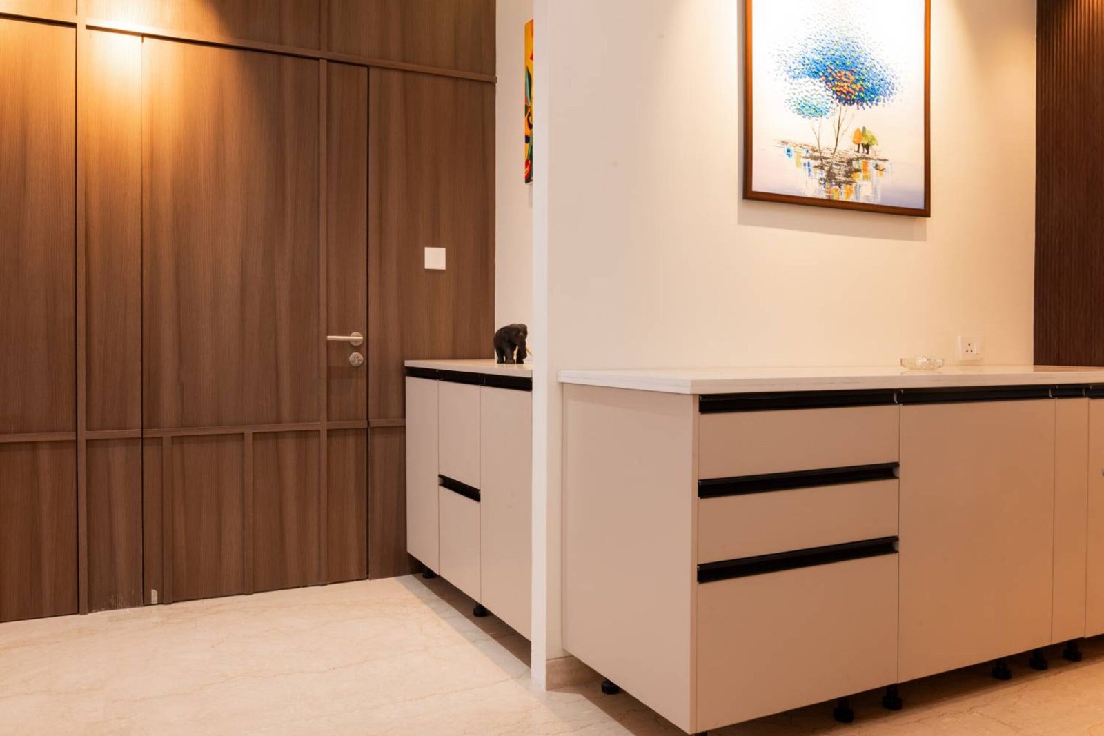 Modern Foyer Design with Pumic Grey and Suede Laminate Finish
