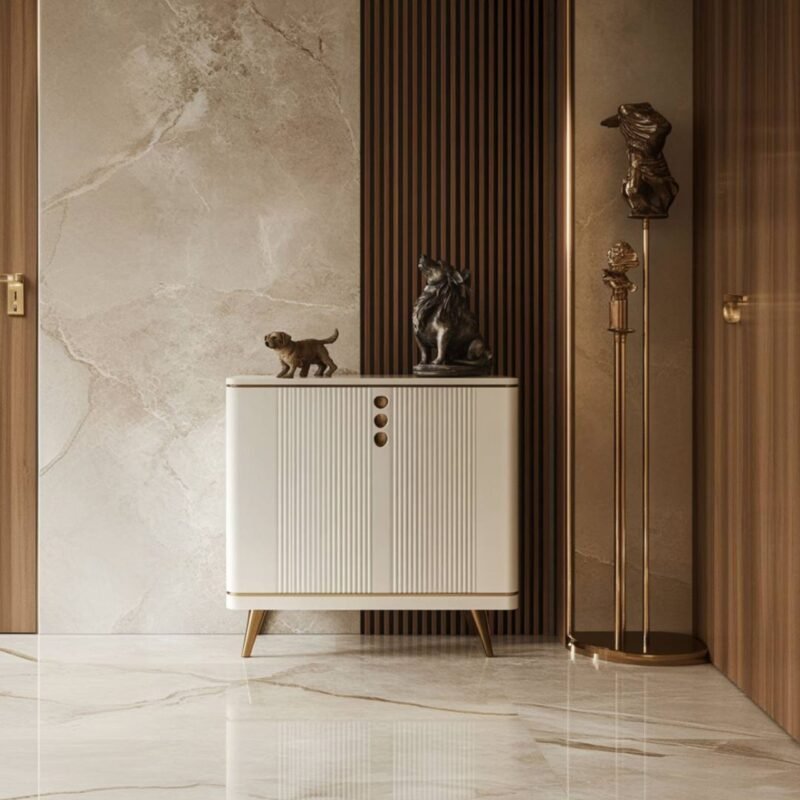 Modern Foyer Design with White Cabinet and Marble Flooring
