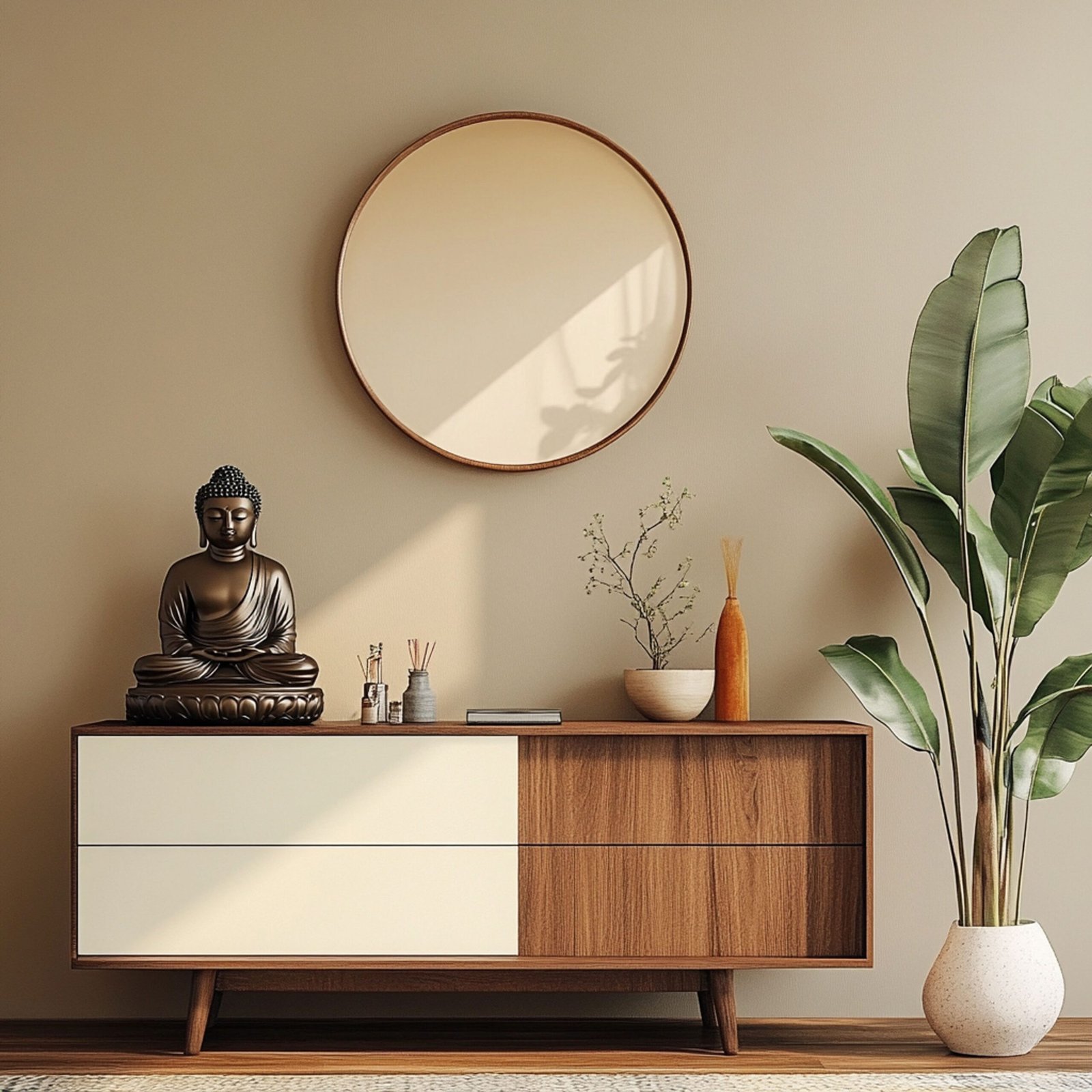 Scandinavian Foyer Design with Champagne and Walnut Bronze Finish