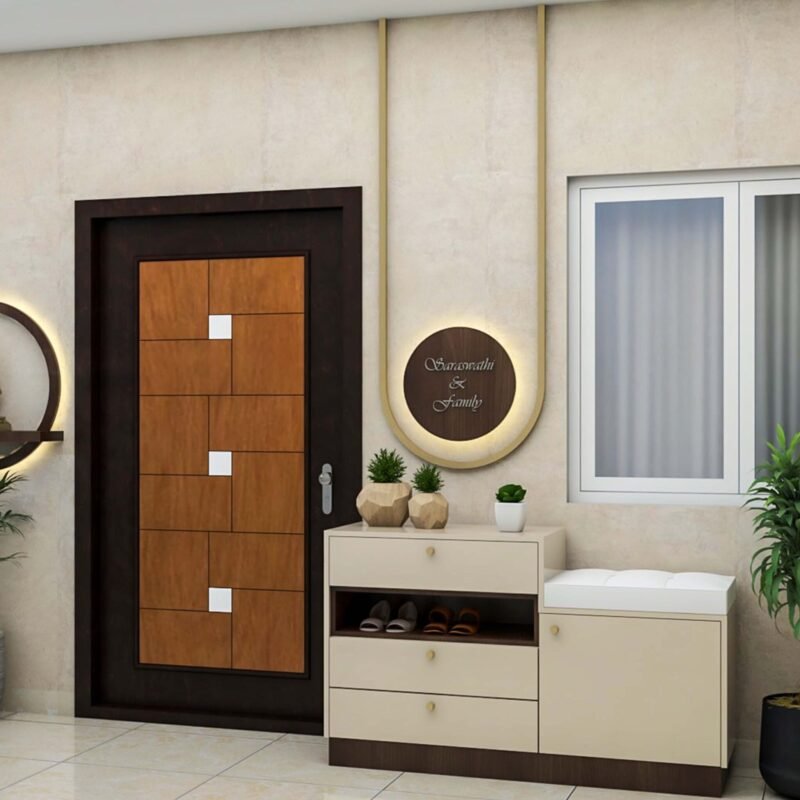 Modern Walnut Bronze Foyer Design with Shoe Cabinet
