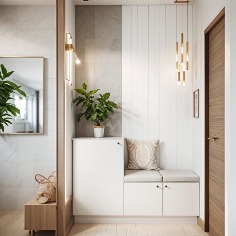 Modern White and Grey Wall Panels with Tile Wall Design