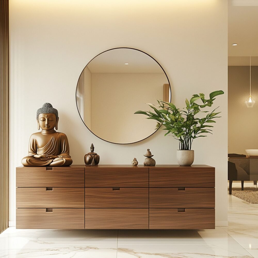 Contemporary Foyer Design with Wooden Texture Shoe Cabinet