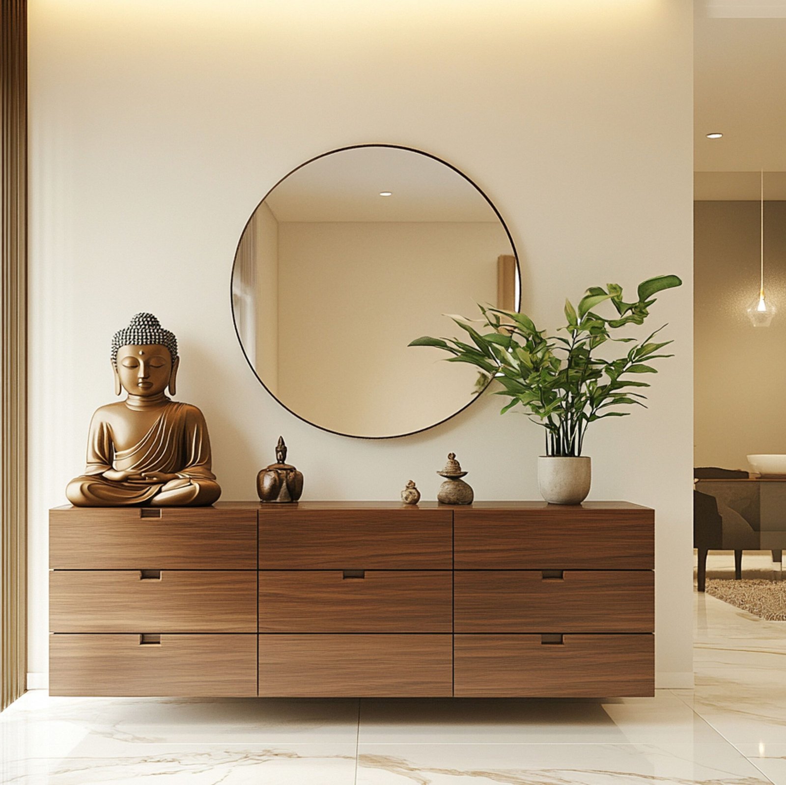 Contemporary Foyer Design with Wooden Texture Shoe Cabinet