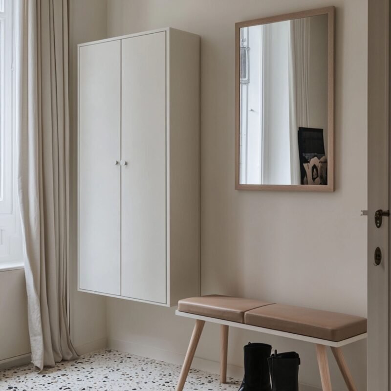 Minimalist White Foyer Design with Seating Bench
