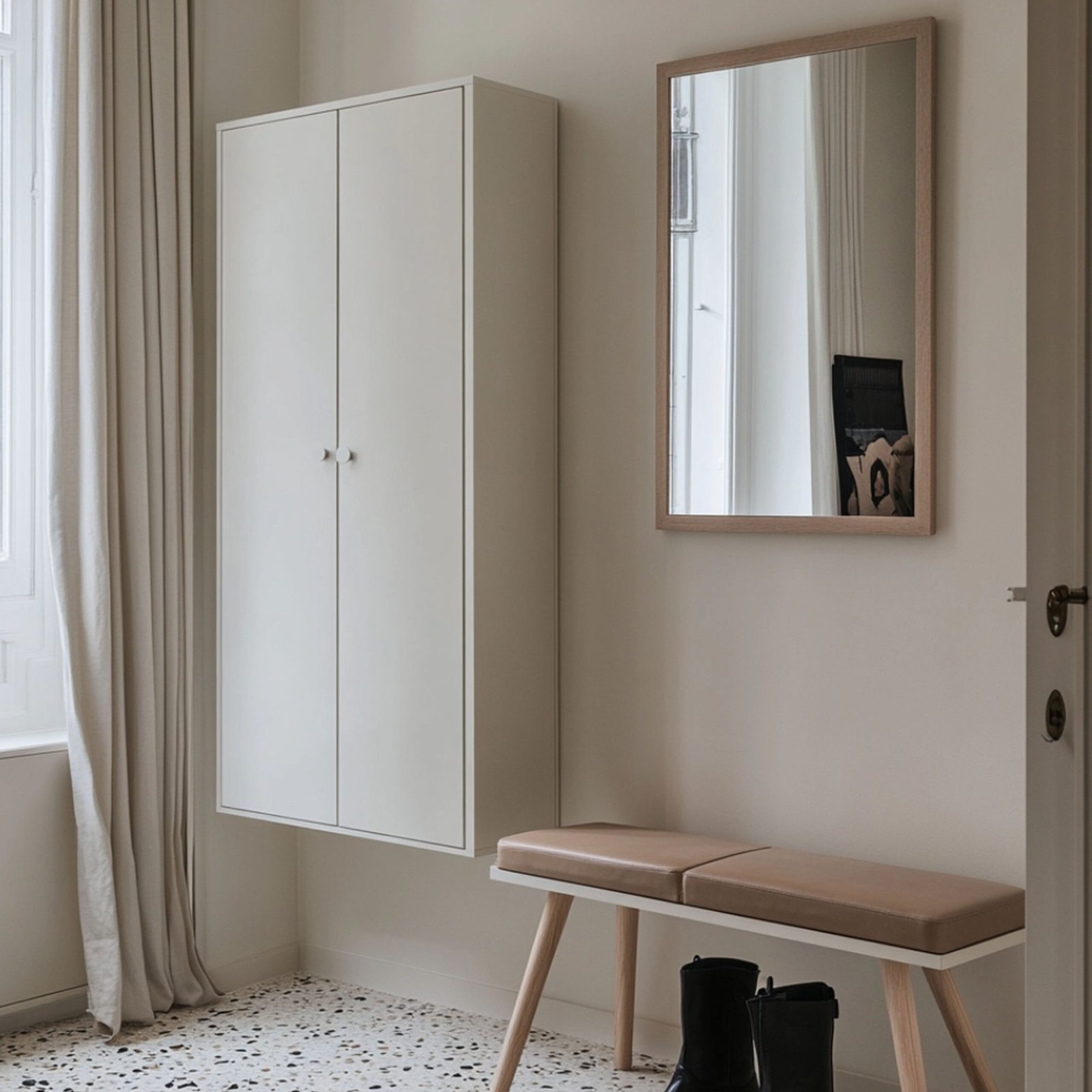 Minimalist White Foyer Design with Seating Bench