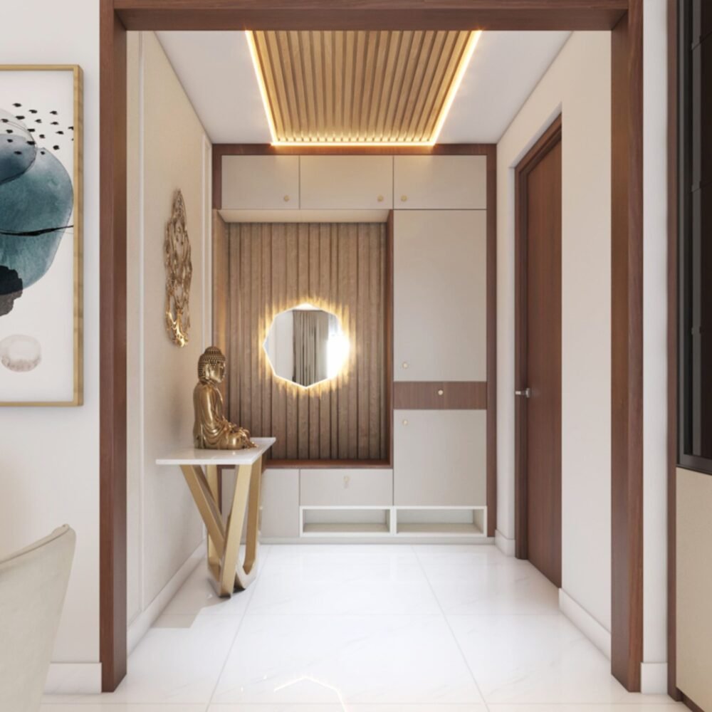 Contemporary Foyer Design with Buddha Statue and Gold Console Table