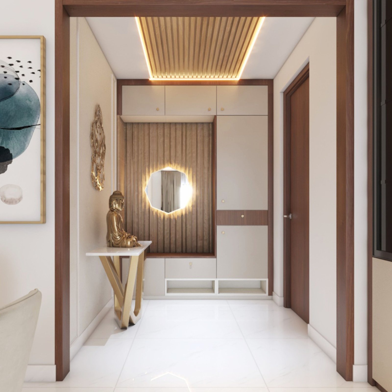 Contemporary Foyer Design with Buddha Statue and Gold Console Table