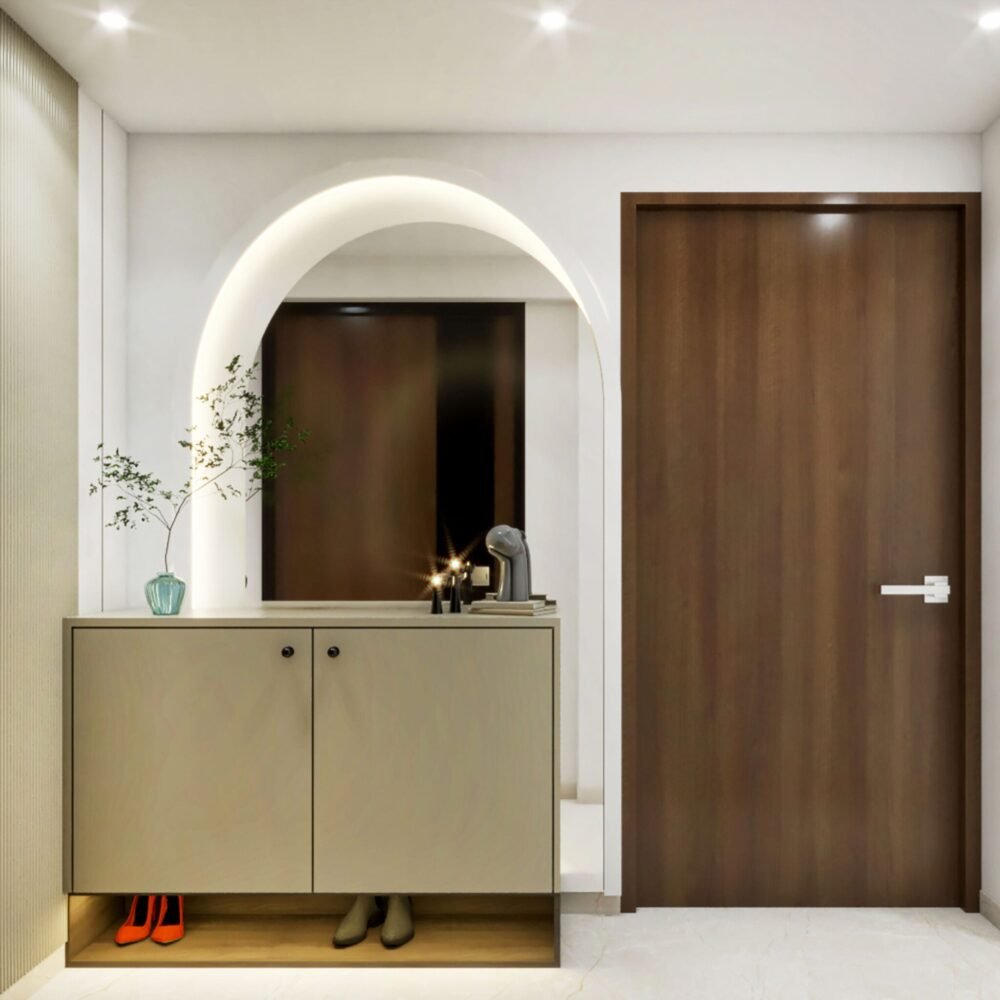 Contemporary Foyer Design with Arched Mirror and Suede Cabinet