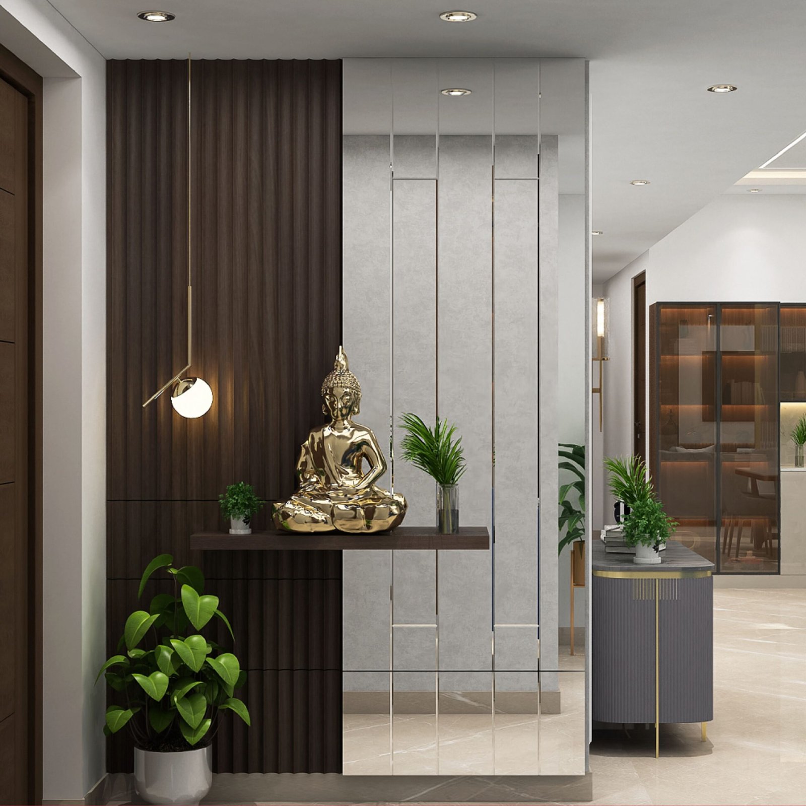 Modern Foyer Design with Wooden Panels and Buddha Statue