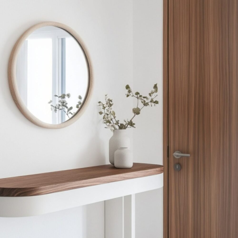 Minimalist Foyer Design with White and Acacia Accents