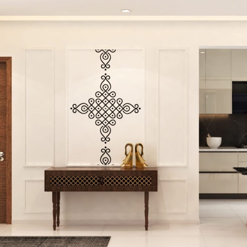 Mid-Century Modern Foyer Design with Wooden Console and Accent Wall