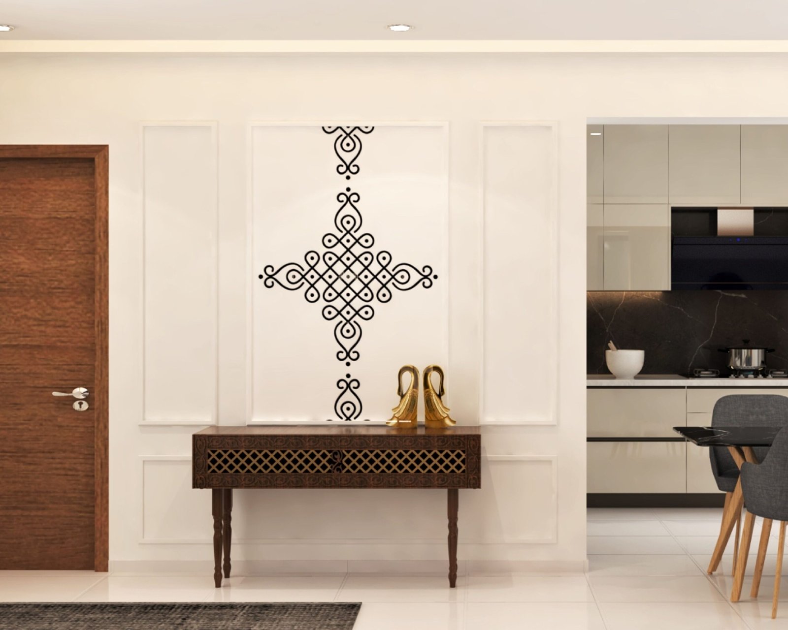 Mid-Century Modern Foyer Design with Wooden Console and Accent Wall