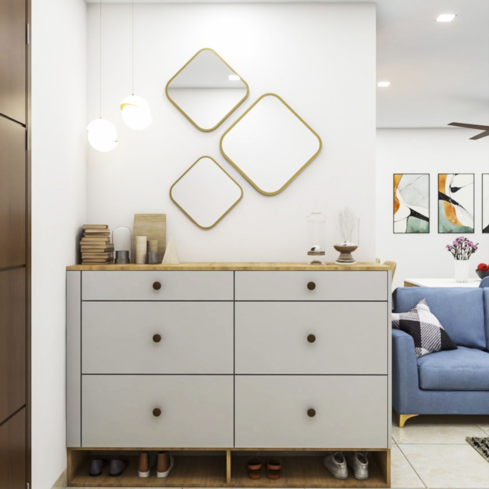 Modern Foyer Design Featuring Diamond Mirror and Smart Storage