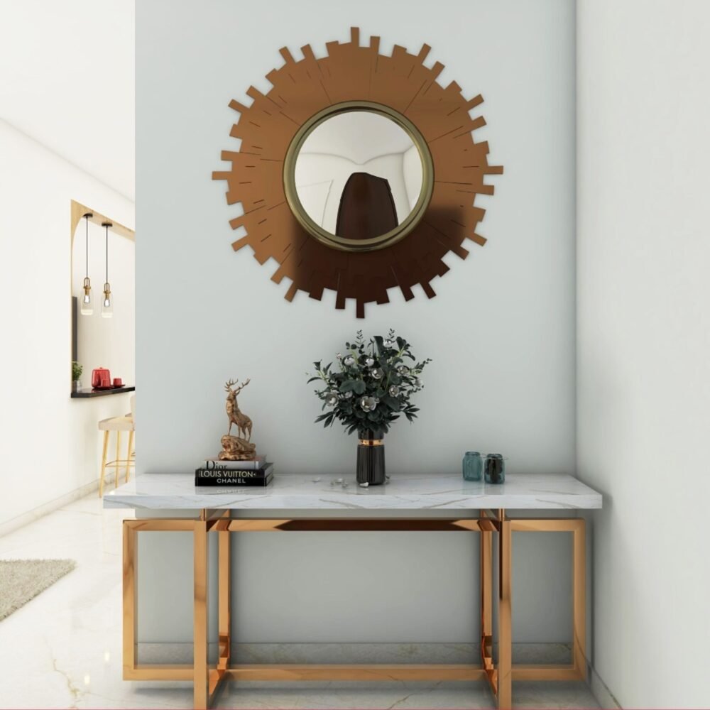 Contemporary Light Grey Foyer Design With White And Gold Console Table
