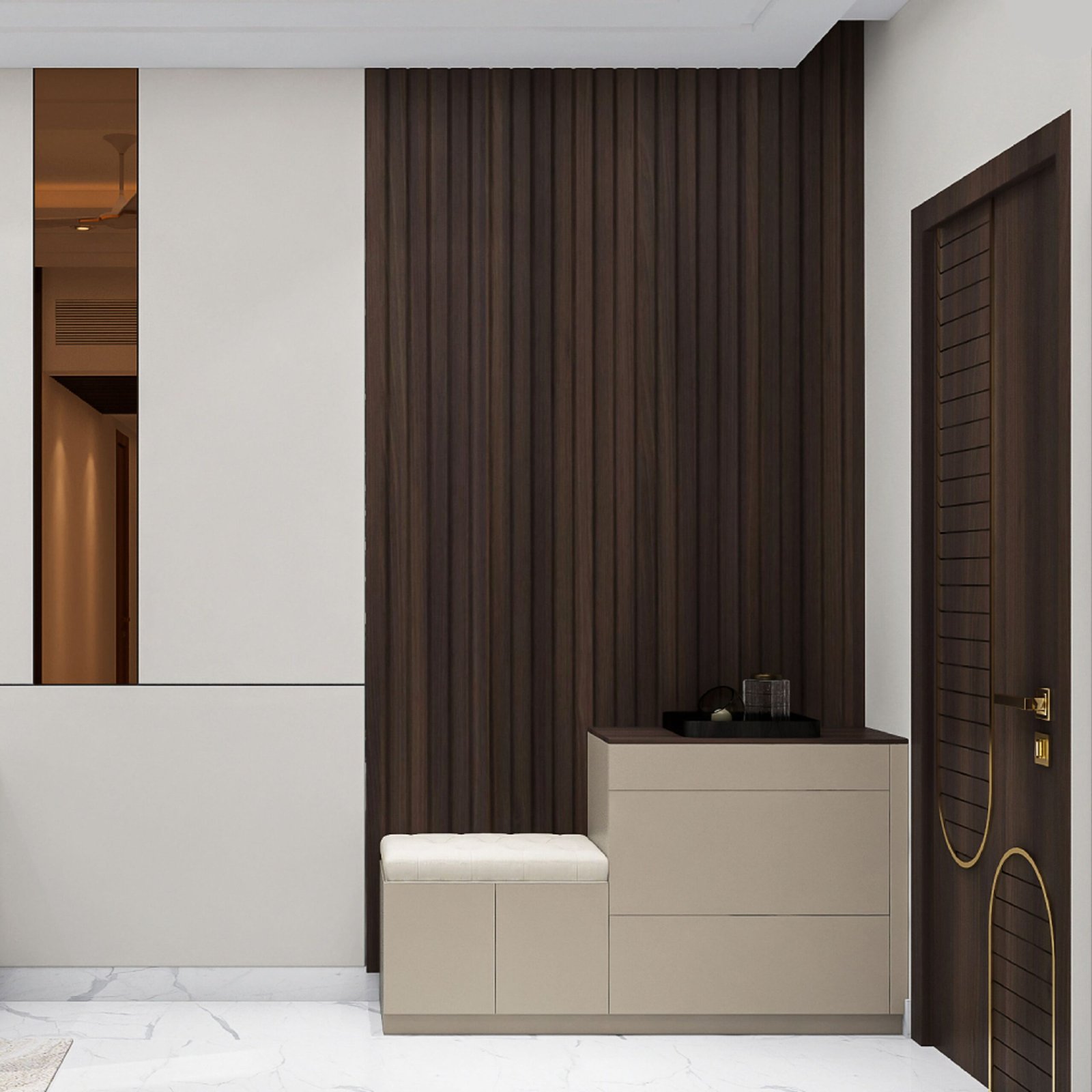 Modern Foyer Design With Wooden Wall Panels