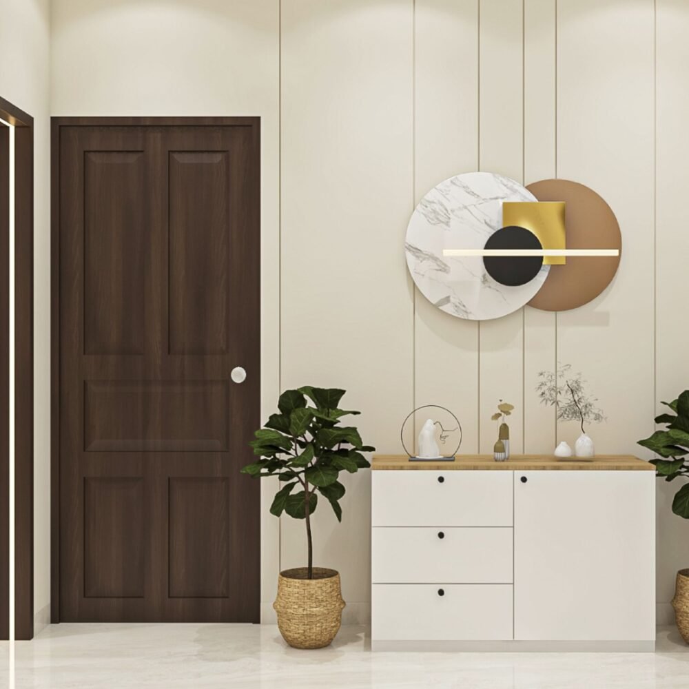 Contemporary Foyer Design With White And Wood Storage Unit