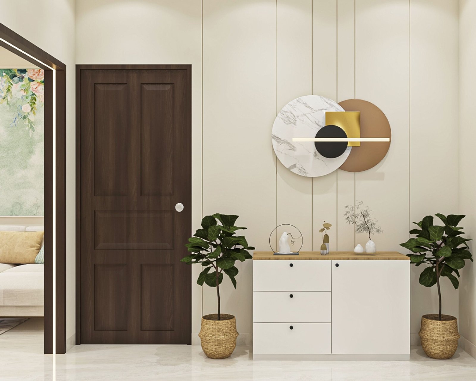 Contemporary Foyer Design With White And Wood Storage Unit
