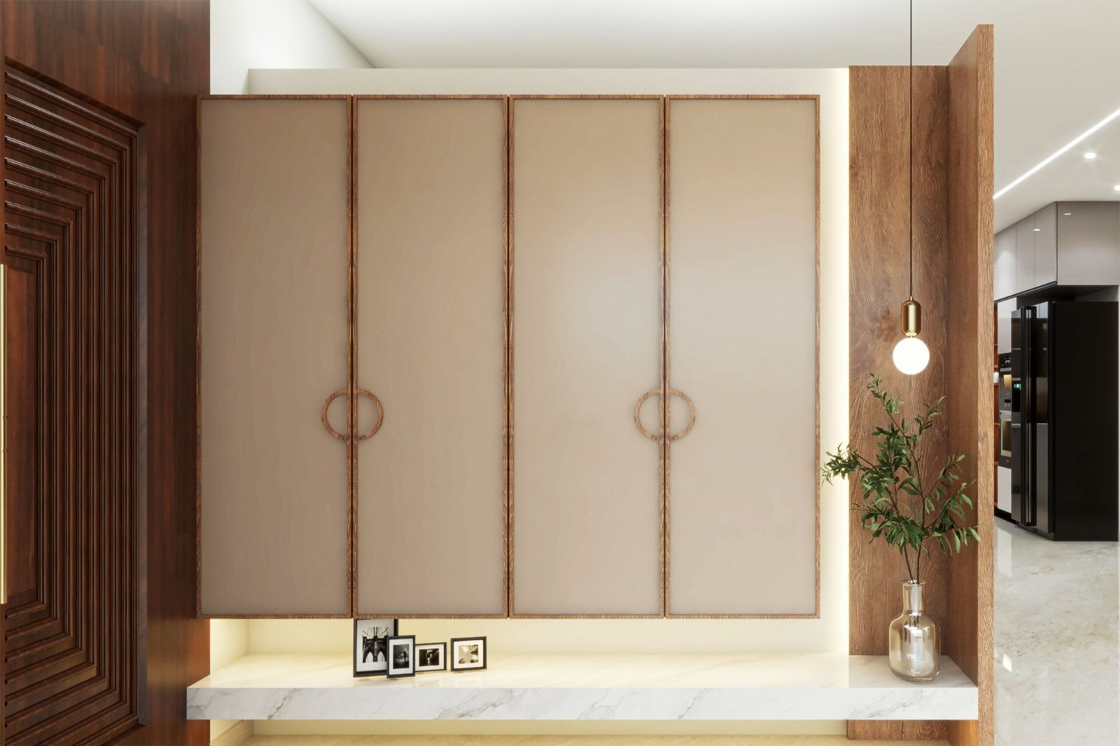 Contemporary Irish Cream Foyer Design With Wall-Mounted Storage Units