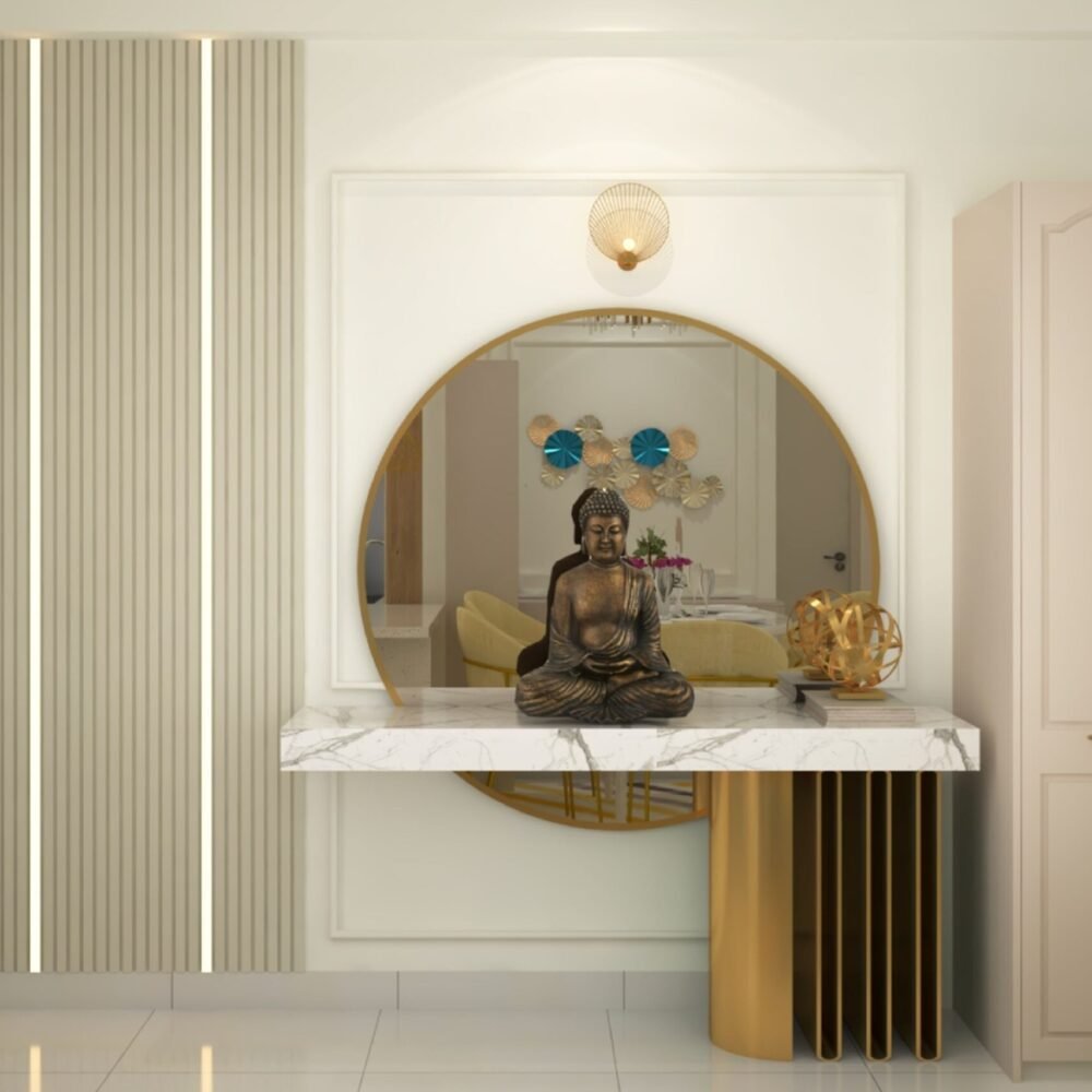 Contemporary White And Gold Foyer Design With Buddha Statue