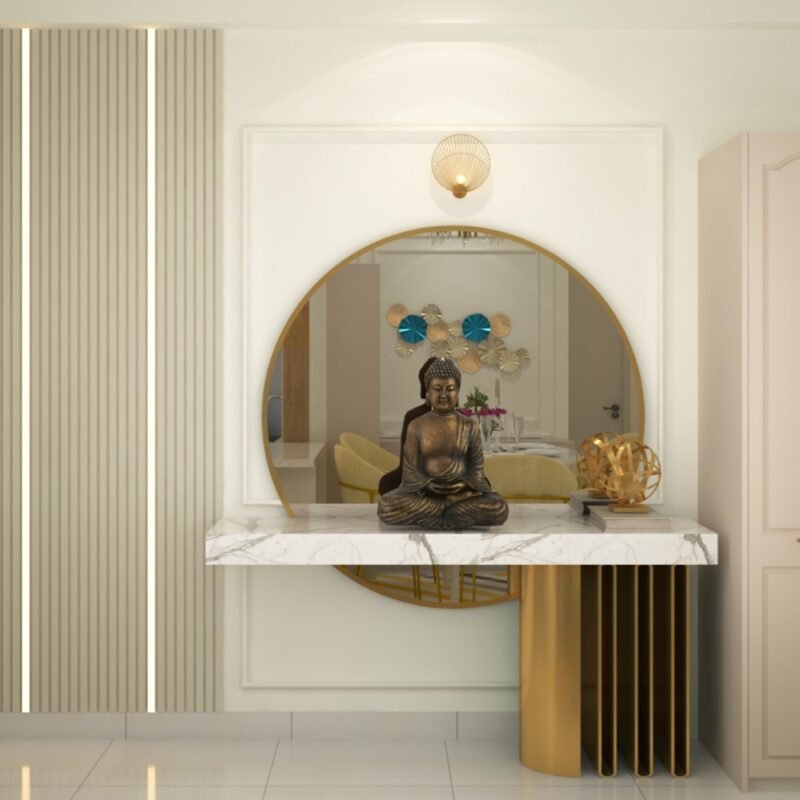 Contemporary White And Gold Foyer Design With Buddha Statue